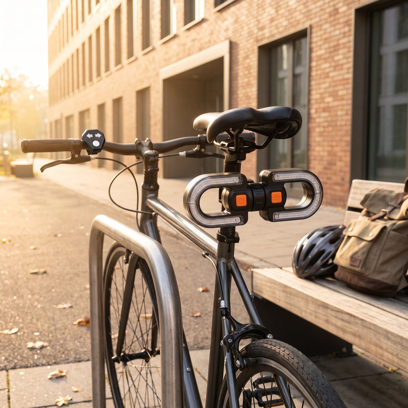 Commuter bicycle ready at a workplace bike rack