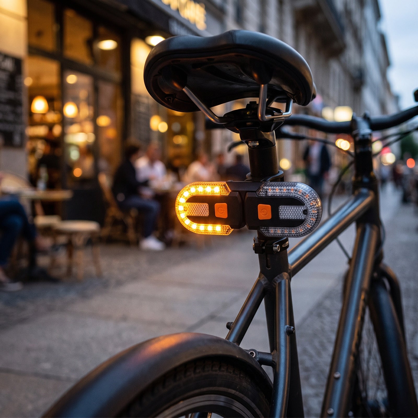 Rear light on a commuter bike outside a café