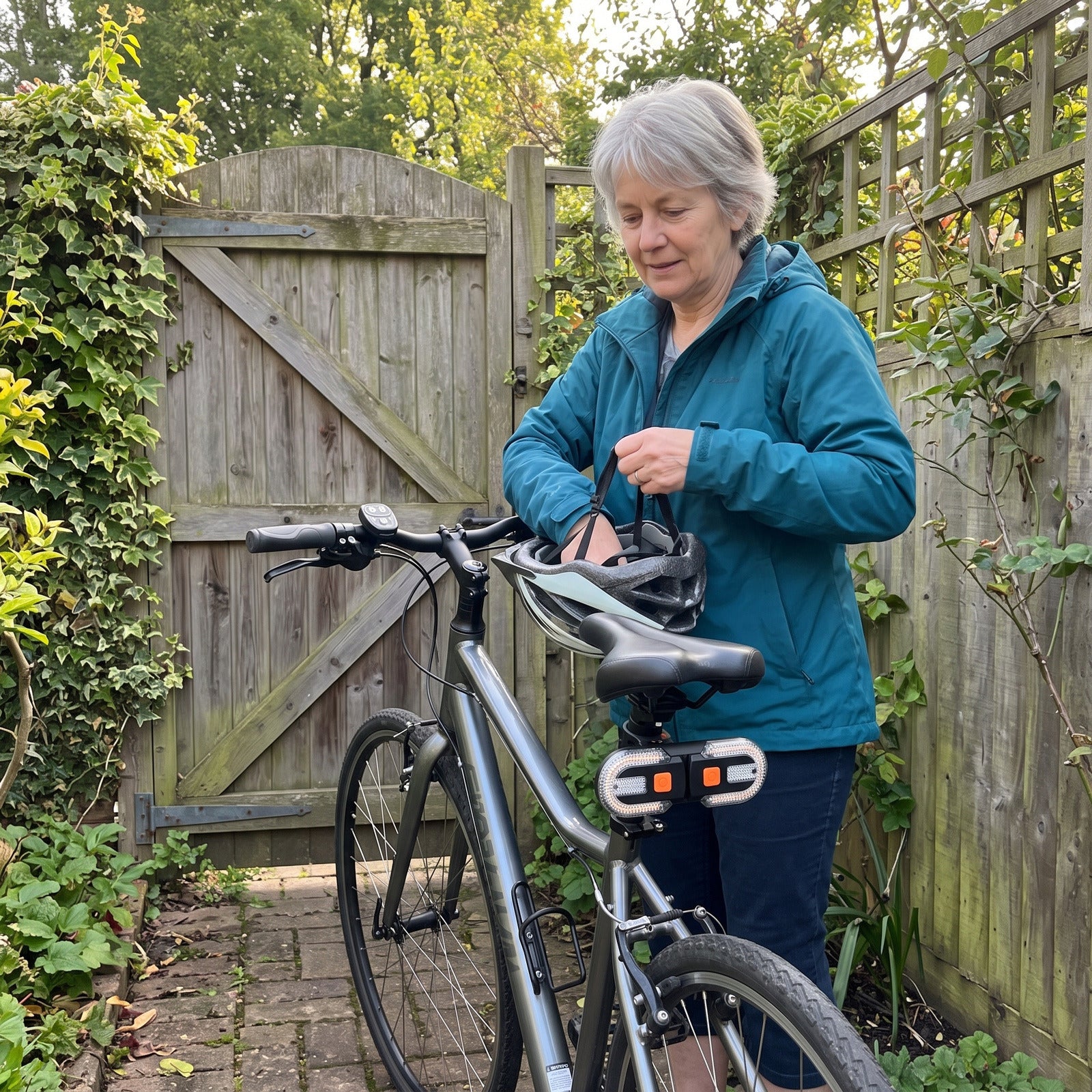 Helen T. with a bike turn signal light